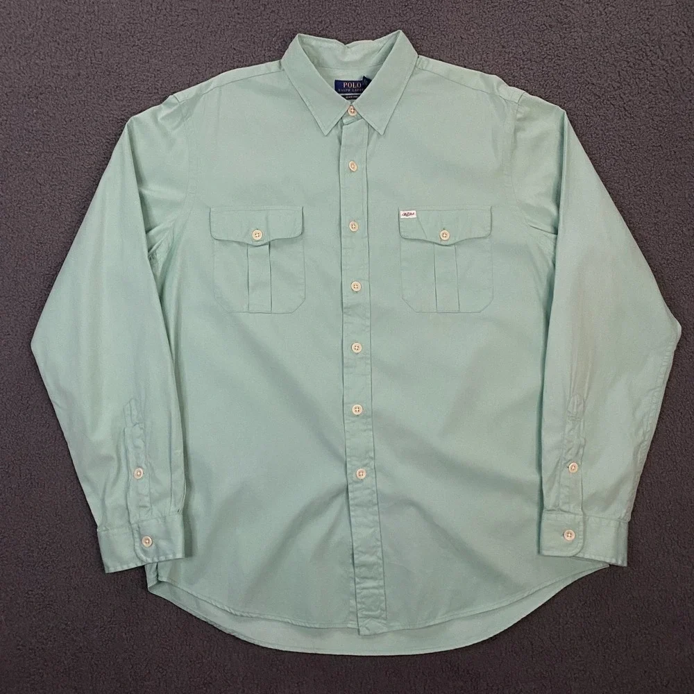 Polo Ralph Lauren Shirt Mens XL Mint Green Beach Twill Double Flap Pocket Naval